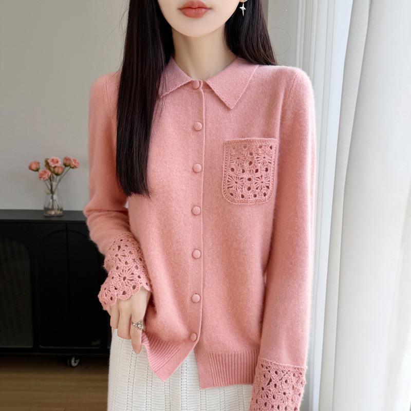 Women's Autumn/Winter Loose Fit Wool Cardigan with Polo Collar and Pockets