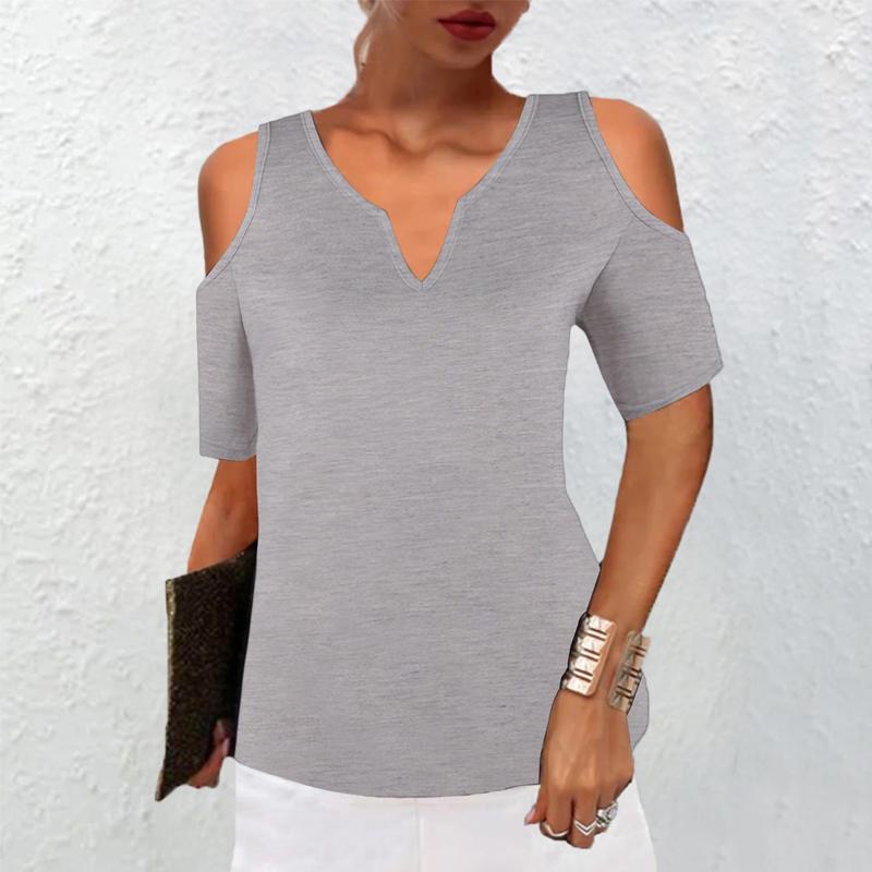 Женская летняя однотонная повседневная свободная блузка с V-образным вырезом и коротким — фото 5