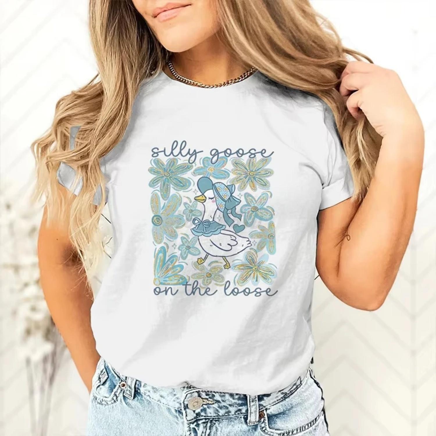 

Blue Floral Silly Goose On The Loose Tops T Shirts T-shirts For Women Summer Novel Tee Shirt Popular Short Sleeve Round Collar XXXXXL білий