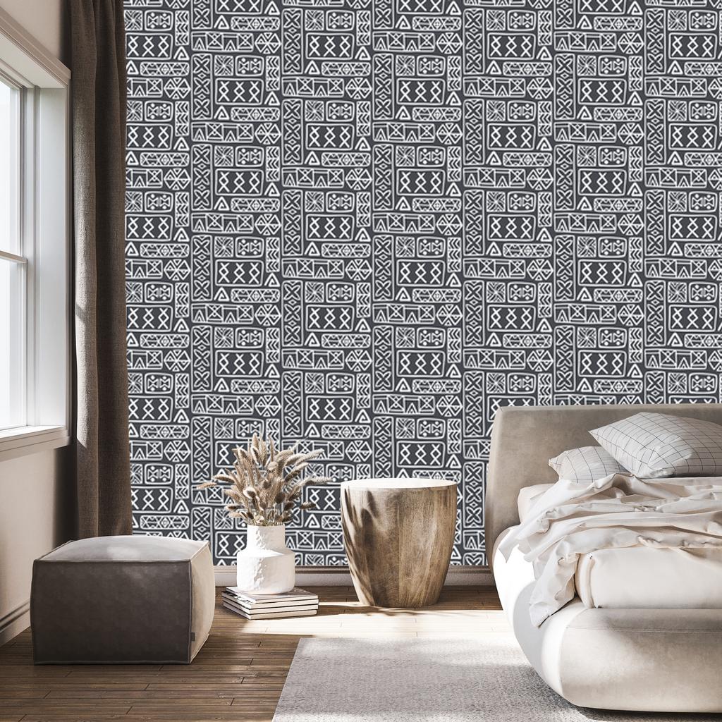 Polynesian Geometric Pattern Wallpaper Gray and Graphite 50x1000