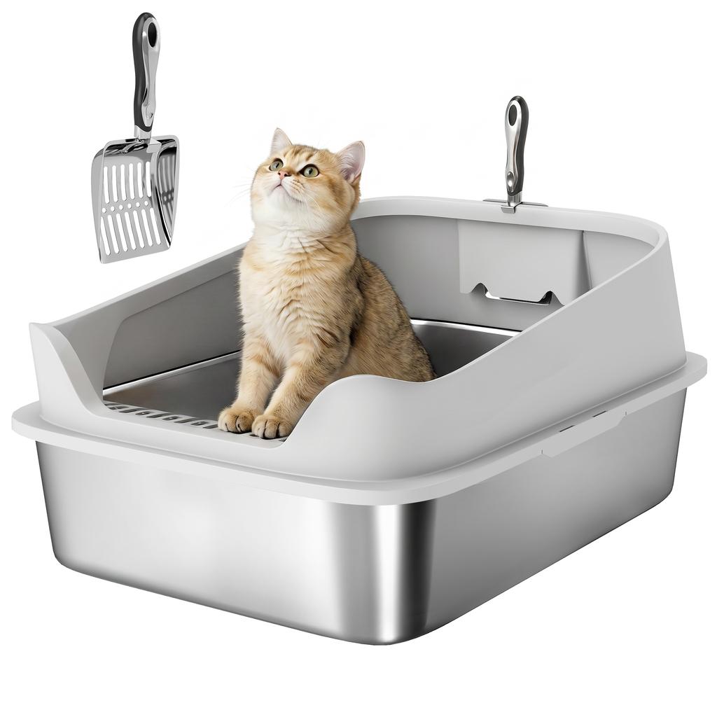 XXL Stainless Steel Cat Litter Box with High Sides, Metal Scoop, 70 x 50 x 30 cm