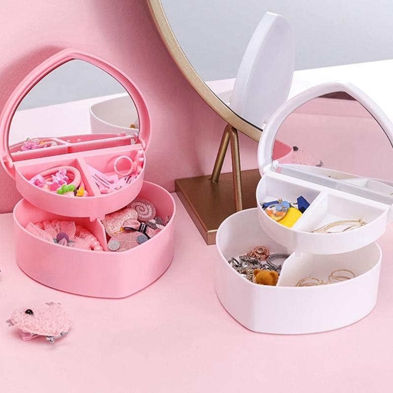Jewelry Organizer Heart Shape Makeup Box with Mirror Cosmetic Storage Container for Earrings Rings Necklaces Display