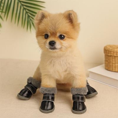 4PCS Plush Winter Pet Dog Shoes Non Slip Anti-Freezing Dog Snow Boots Wear-resistant Warm Dog Fleece Shoes Outdoor Use