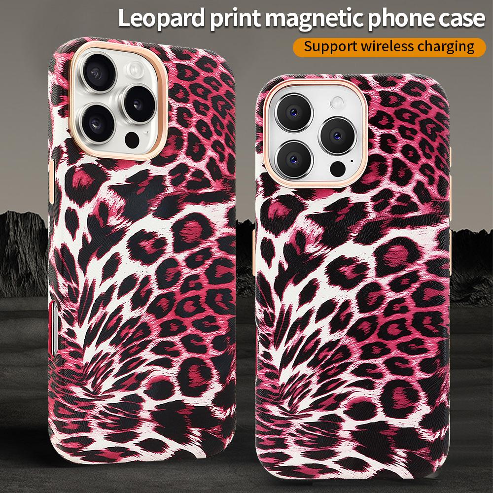 For iPhone 16 Pro Max Case Compatible with MagSafe Leopard Texture PU+PC Phone Cover