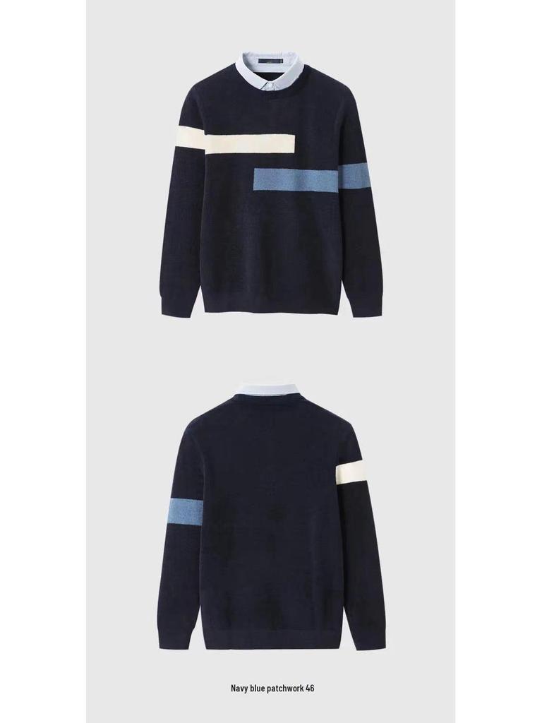 Men's Autumn Color Block Knit Pullover Sweater - Long Sleeve, Soft, Comfortable, Skin-Friendly