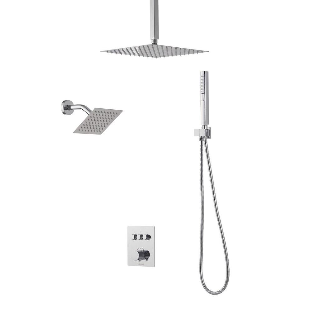 Shower Faucet Set, 305 mm Thermostatic Ceiling Mount Rainfall Shower System with 152 mm Wall Mount Head and 2 in 1 Handheld Spray, 3-Function Dual