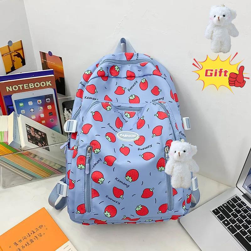 

Рюкзак для девочки с сердечками, принт клубнички, легкий, для кампуса, для ученицы средней школы, водонепроницаемый, модный, трендовый, студенческий, корейское издание
