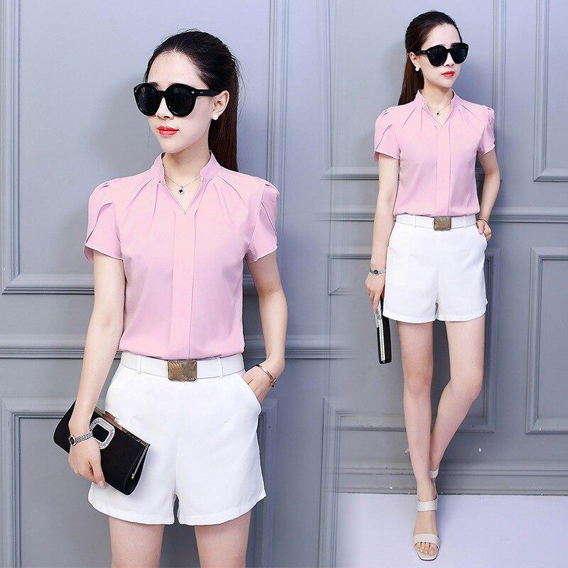 White Shirt Female Short Sleeve Shirt Fashion Bodycon Leisure Chiffon Blouse Tops