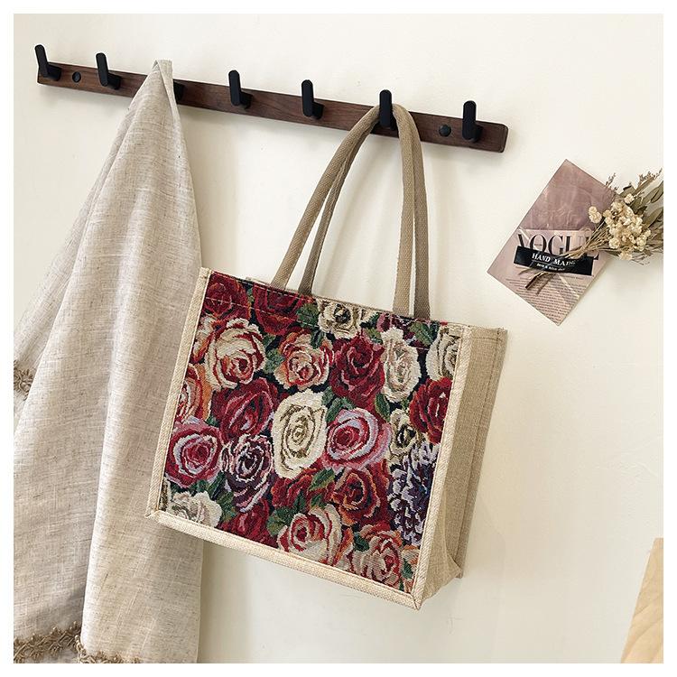 Large capacity linen tote bag 2025 new floral commuter tote bag female student class shoulder handbag