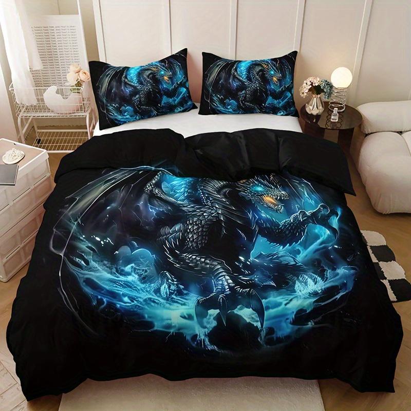 2/3Pcs Cool Blue Flame Black Dragon Duvet Cover Set, HD Print All Season Bedding with Pillowcases for Home Dorm Decor