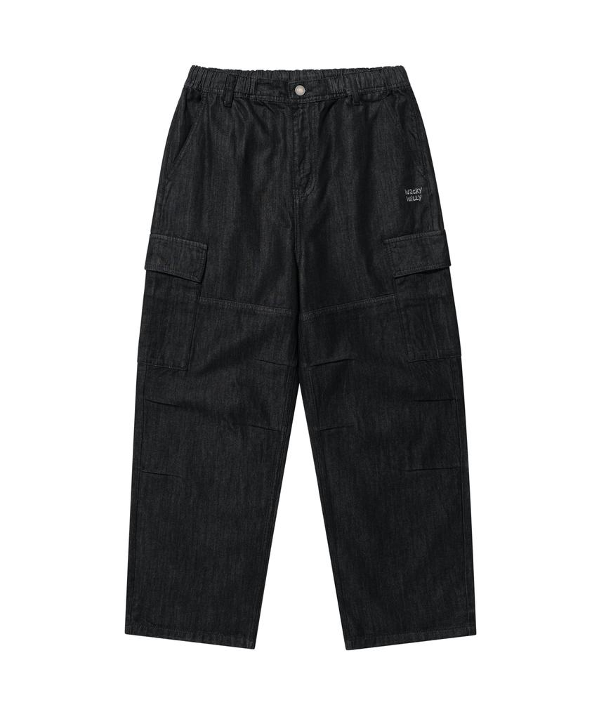 WACKY WILLY Wide Elastic Cargo Denim Pants Black