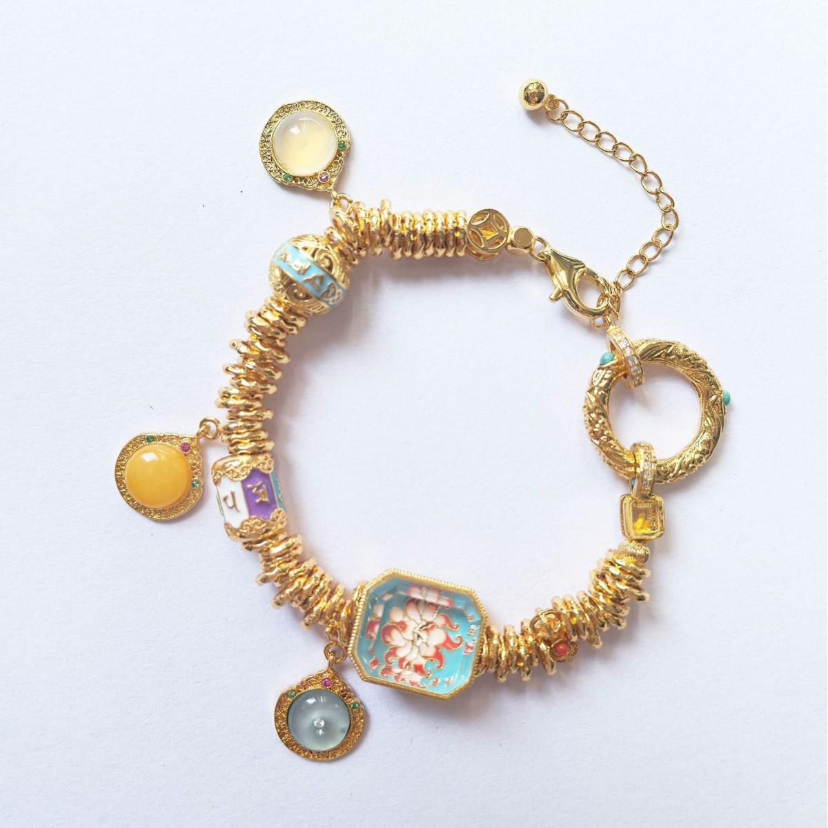 Blue Nine-Tailed Fox Beeswax Pendant Bracelet with Hollow Barrel Beads - Chinese Style All Natural