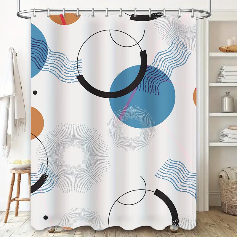 Modern Bathroom Shower Curtain: Blue Circle Waves Black Rings White Background Pattern Print Waterproof Decor for Home Bathrooms