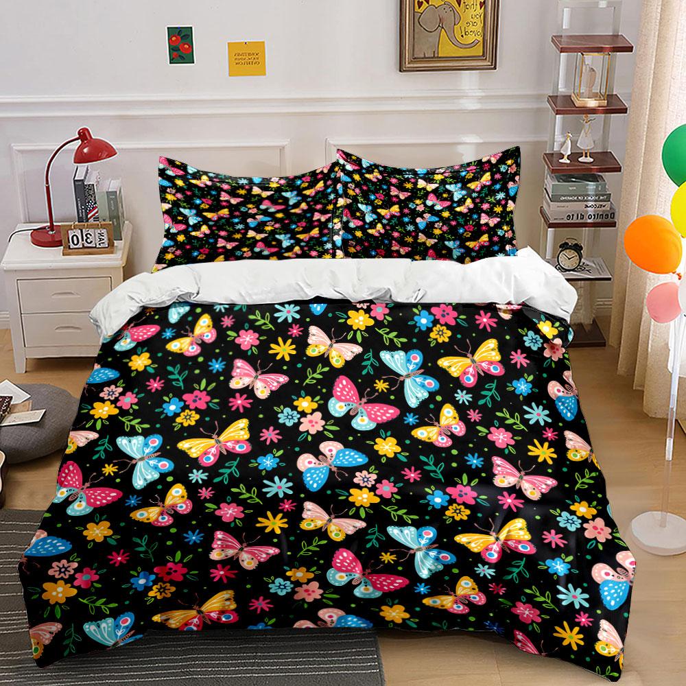 Butterflies and Floral Pattern Bedding Duvet Cover Set (1*Duvet Cover 2*Pillowcases, without duvet insert)