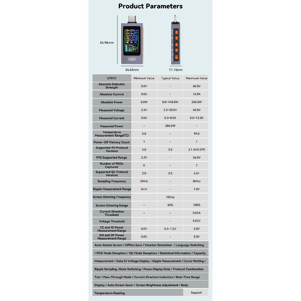 4-30V 0-12A TypeC Tester Voltmeter Ammeter240W HD Display Current Voltage Monitor PD3.1/QC4.0+/PPS Fast Charge Detection Trigger