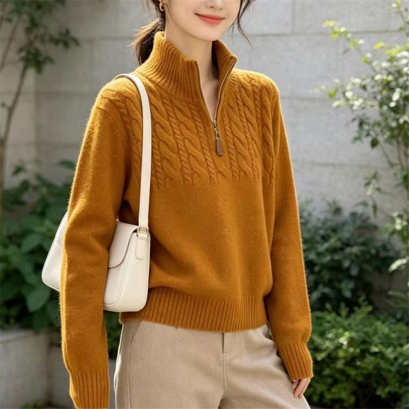 Women's Plus Size White Half-Zip Cable Knit Cardigan - Loose, Slimming, Autumn/Winter Sweater Coat