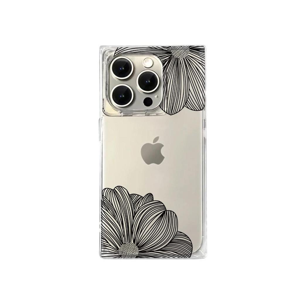 Square Back Tube Protection Clear Case For iPhone 14 Pro Max 11 12 15 Plus 16 ProMax 13 Anti-Oxygen,Black Line Petals Pattern Casing