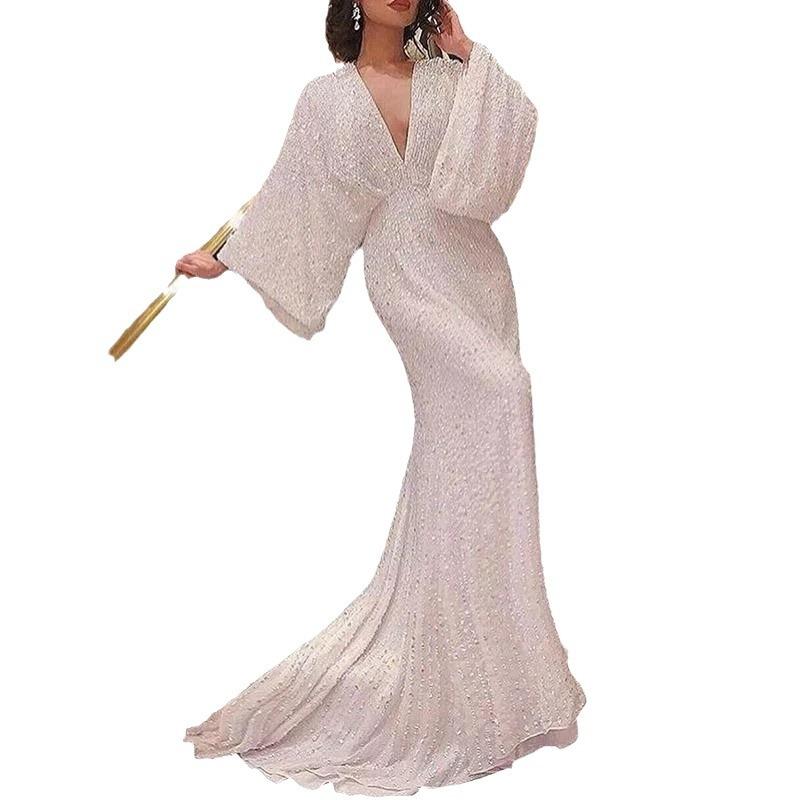 New European And American V-Neck Floor Mopping Long-Sleeved Sequined Dress Skirt Fishtail Banquet Elegant Long Dress