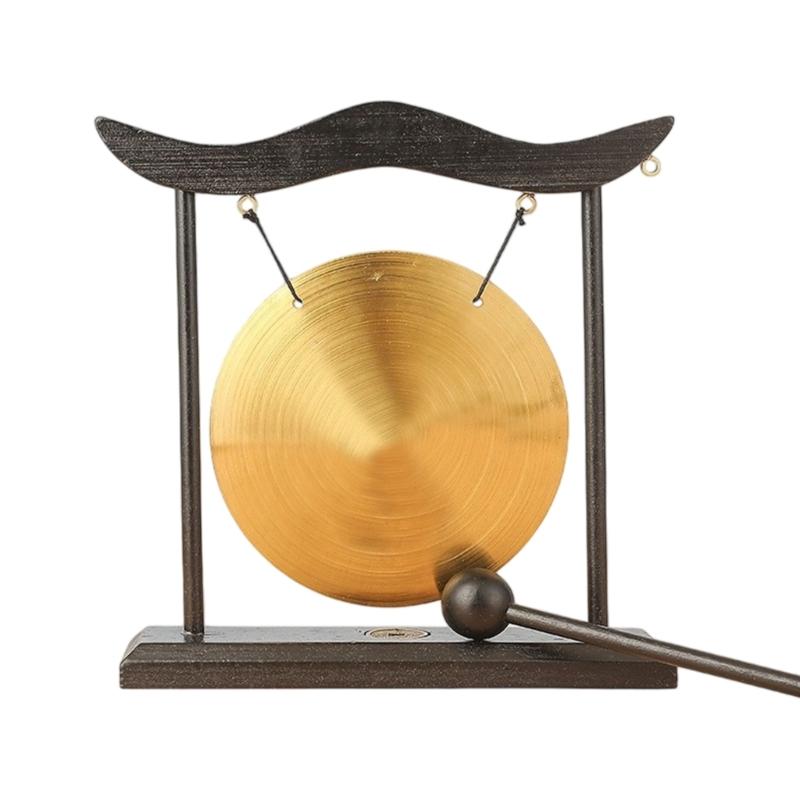 Dekoratives Desktop-Gong-Set mit Metallscheibe und Holzständer, Schlägeln, Chinesisch inspiriertes Schreibtisch-Akzentstück für Büro, Meditationsregal und Innenbereich