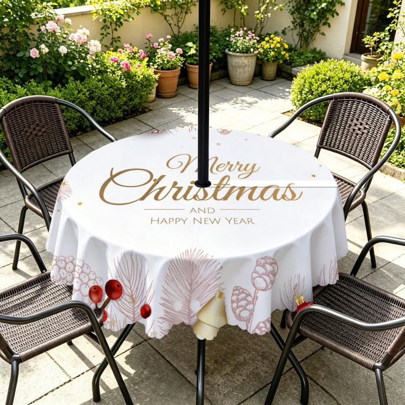 Outdoor Christmas Tablecloth Round Waterproof Oil-Resistant Patio Table Cover Garden Deck Umbrella Hole