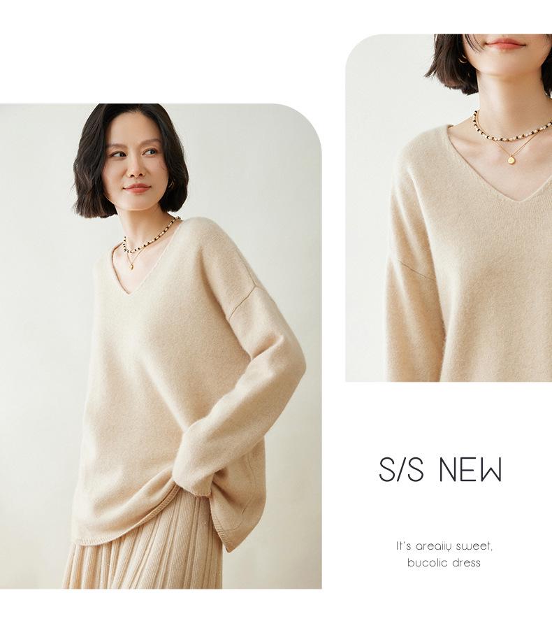 Women's V-Neck Cashmere Bodycon Knit Sweater, Solid Color, Medium-Length, Long Sleeve, Casual Loose Pullover.