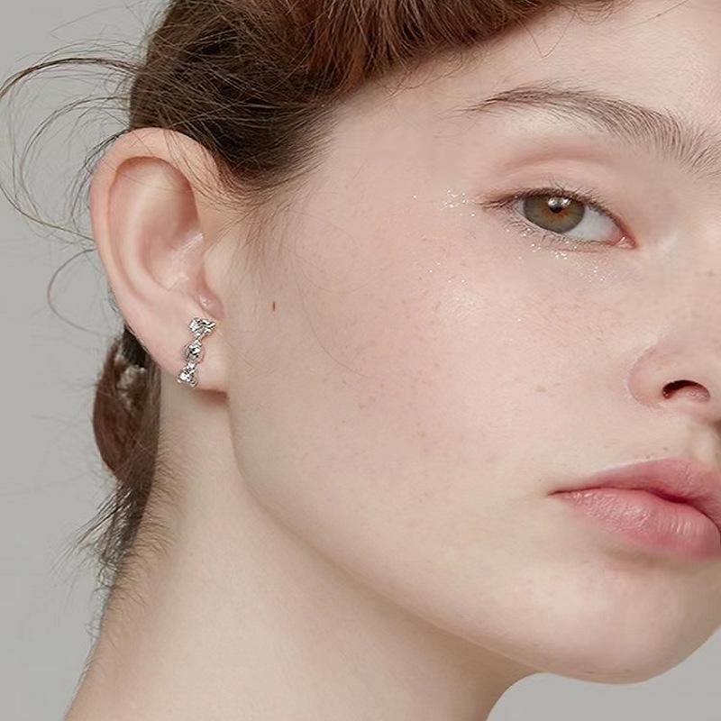 Elegant Pearl & Diamond Ear Clips - Double Layer, Silver Needle, Minimalist Studs for Women.