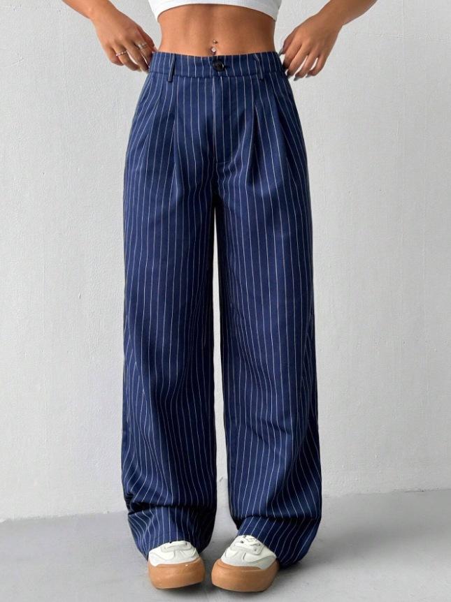 Blue Striped Casual Commuter Loose Wide Leg Casual Pants Trousers