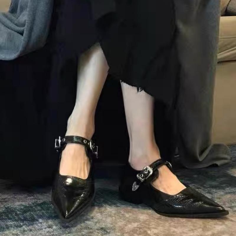 Fashion Spring New Single-shoe Women's Pointed Head Shallow Mouth Metal Buckle A Line with Anti-slip Wear-resistant Thick Heel Shoes