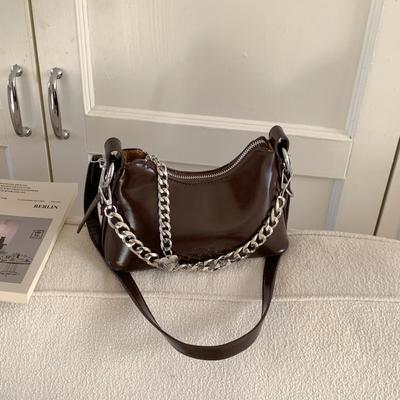 Bolsa de Ombro Único com Alça de Corrente Texturizada, Estilo Elegante e Moderno, Bolsa em Forma de Lua Crescente