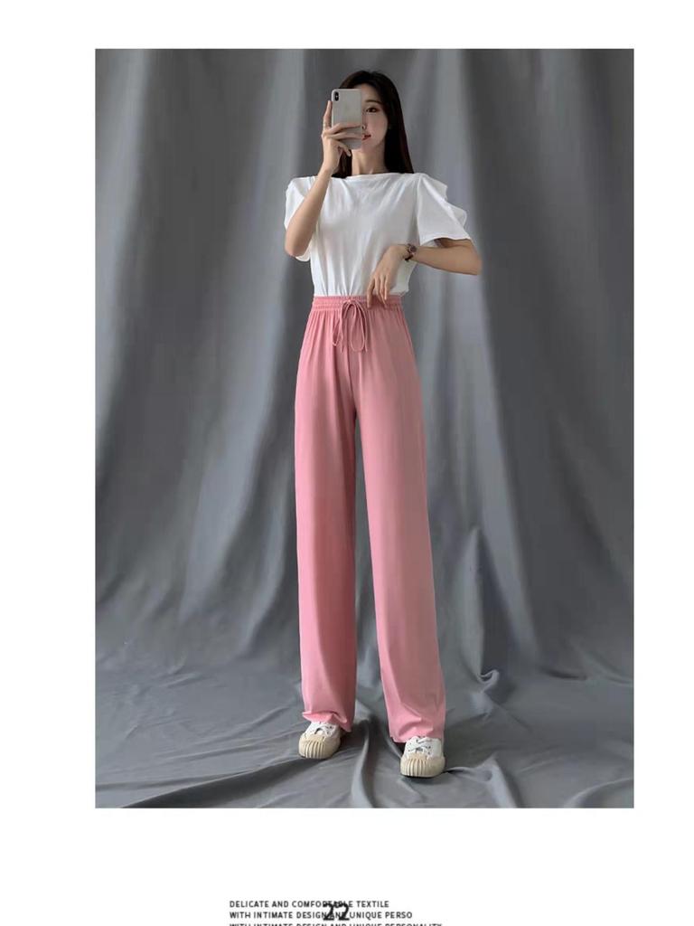 2025 Women's High Waist Wide Leg Ice Silk Pants - Spring/Summer Loose, Slimming, Floor-Length.