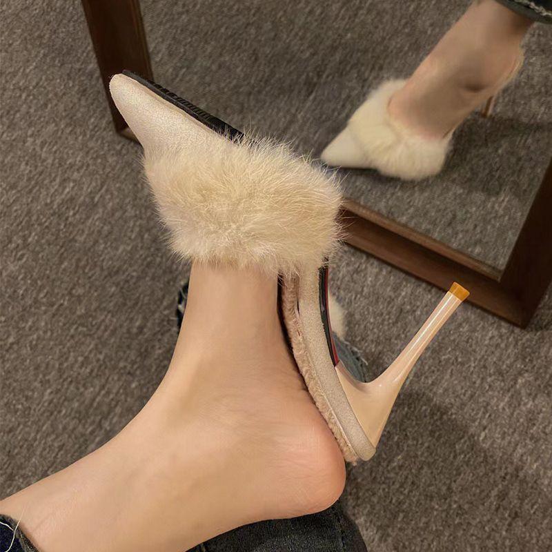 Skinny small slippers summer spring spring French high heels and thin heels, half-towed fluffy slippers, new models look good and increase height