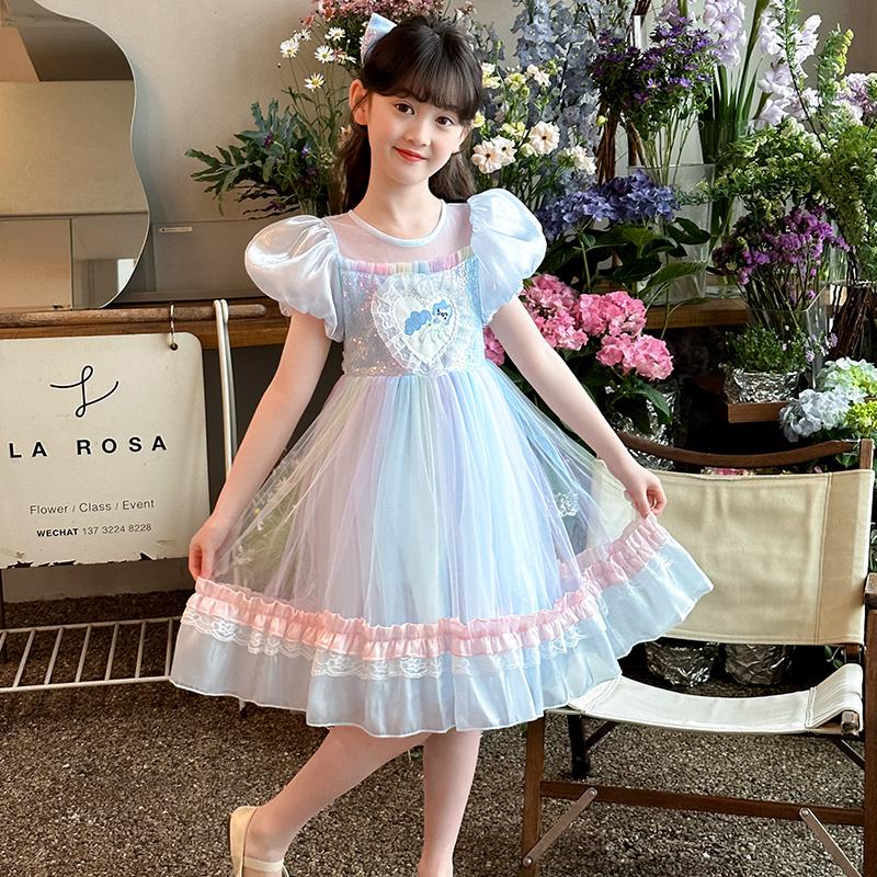 Girls' dress summer 2026 new style girls' big girl summer trendy bubble sleeves ponytail dress summer princess dress trend