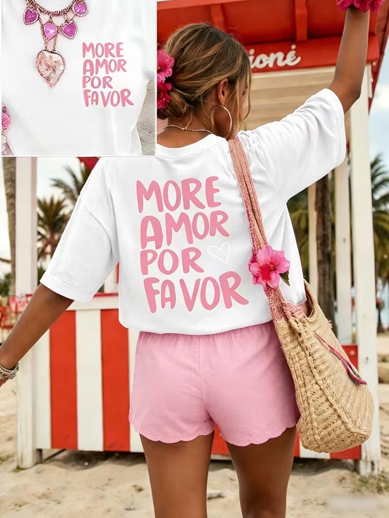 More Amor Por Favor Dopamine Letter Heart Print Casual T Shirt Streetwear Dailywear Short Sleeve Summer Vacation Tee Ladys Tops