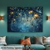 2D Starry Night Tree Tapestry, Magical Blue Background with Hanging Lights for Bedroom