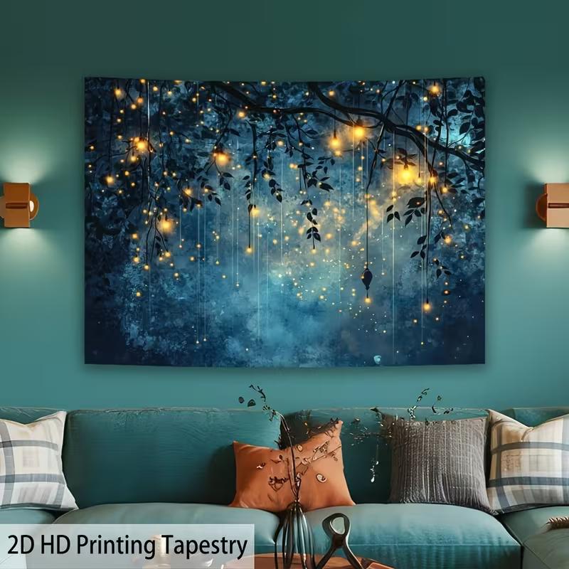 2D Starry Night Tree Tapestry, Magical Blue Background with Hanging Lights for Bedroom