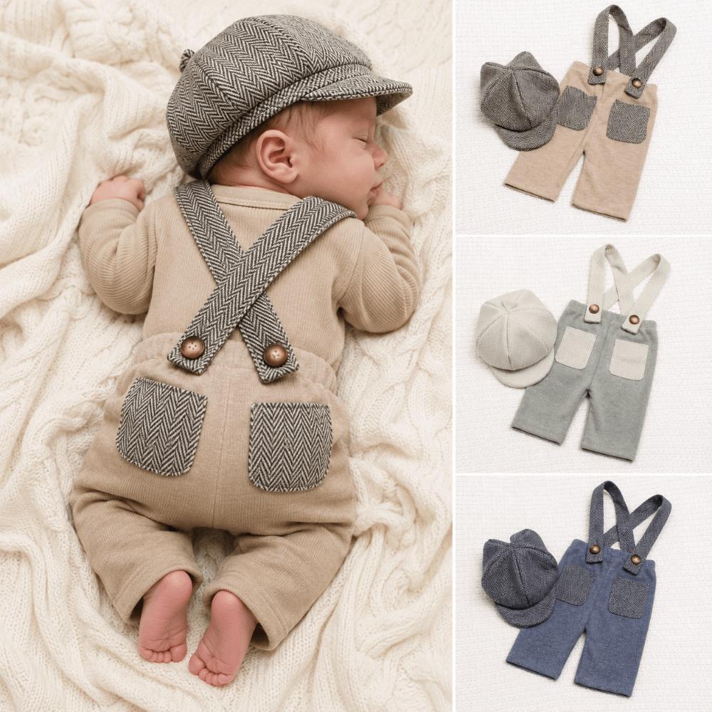 Suspender Romper Newborn Photography Outfit Newsboy Hat Baby Romper Set  Baby Photo Shoot