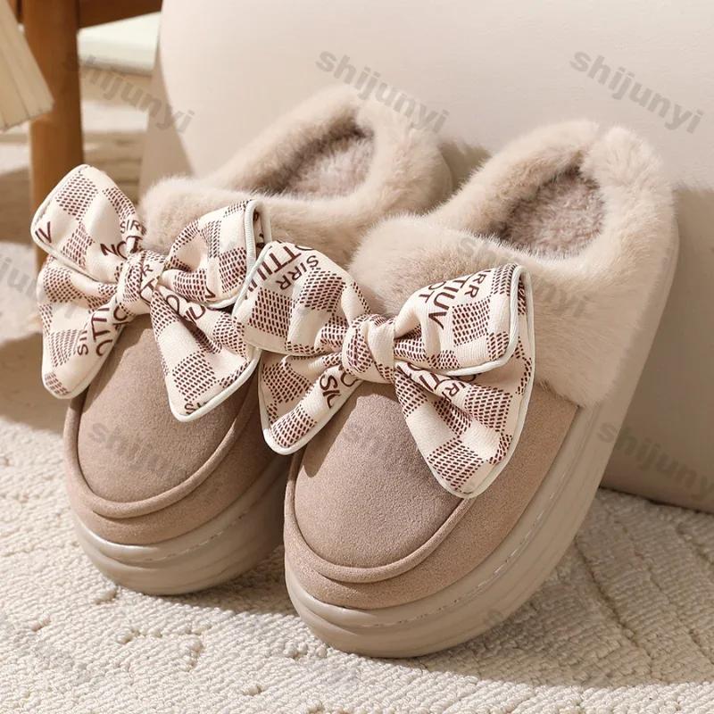 Fashion Women Indoor Fluffy Slippers Female Autumn Winter New Warm Soft Plush Anti-slip Shoes Girls Bows Home Thick Sole Cotton Slippers