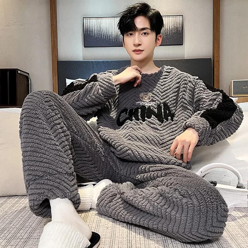 Higher Quality Thickened Warm Flannel Plus Size Men Pajamas Winter Nightwear Loungewear Striped Sleepwear Homewear Cartoon Bear