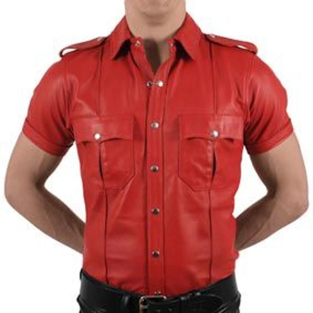Handmade Classic Shirt Formal Genuine Lambskin Stylish Original Leather Red Men Casual