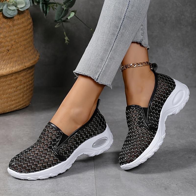 [Breathable Mesh Sneakers] Breathable Women's White Mesh Slip-On Sneakers with Glitter Accents | Mid-Top Support & Rubber Sole for Casual Sports