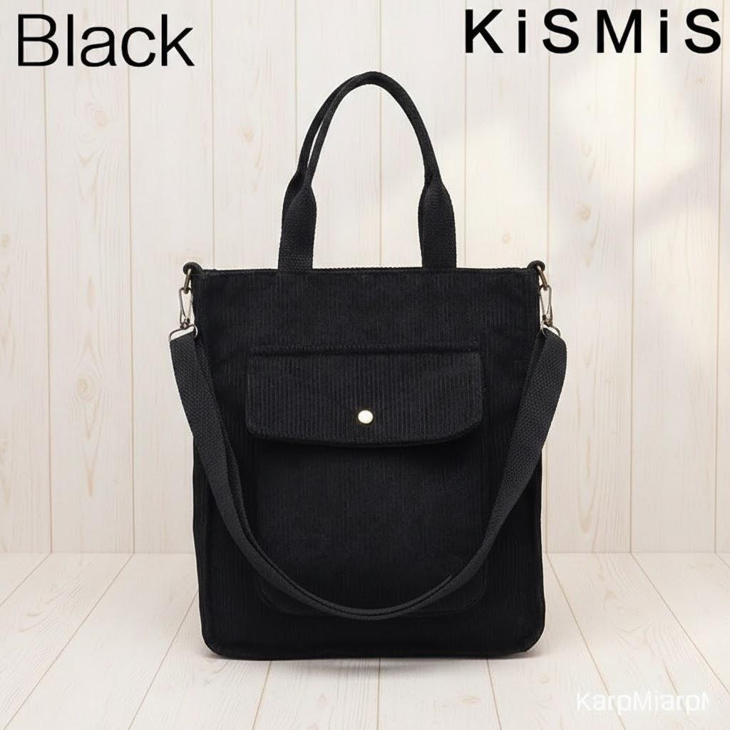 

Corduroy Shoulder Bag Women Vintage Shopping Tote Bag Zipper Girls Student Bookbag Handbags Casual With Outside Pocket чёрный