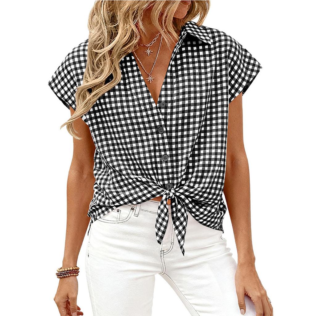 Women's Casual Loose Button Short Sleeve Plaid Shirt Top