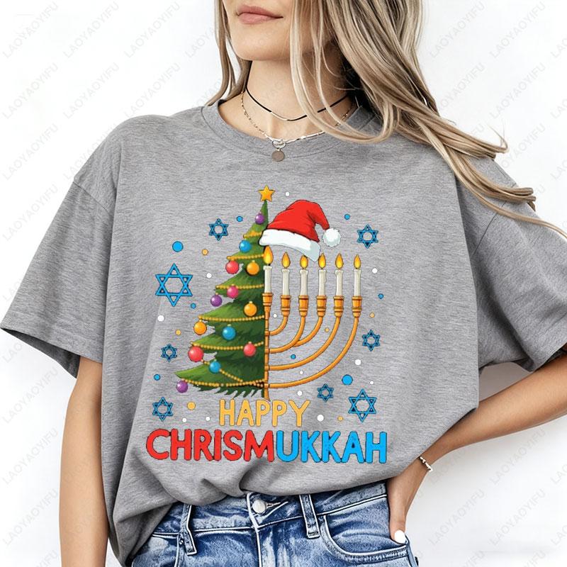 Happy Chrismukkah Tshirt Hanukkah Christmas Menorah Tree Tees Retro Fashion Xmas Casual Wear High Quality Men Woman Cotton Shirt