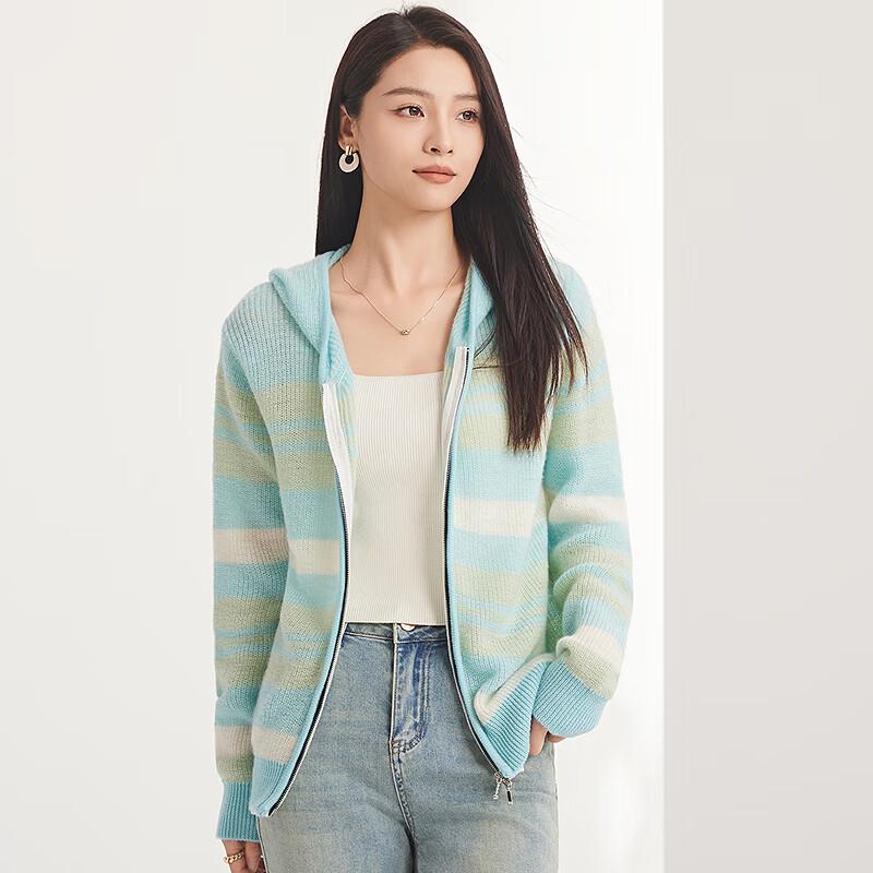 FAPAI Women's 100% Wool Striped Zip-Up Hoodie Cardigan