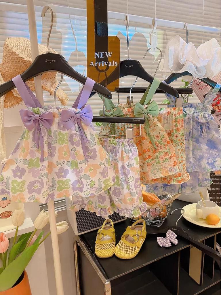 Girls' Summer Bow Strap Dress & Shorts Set - Stylish Vacation Outfit