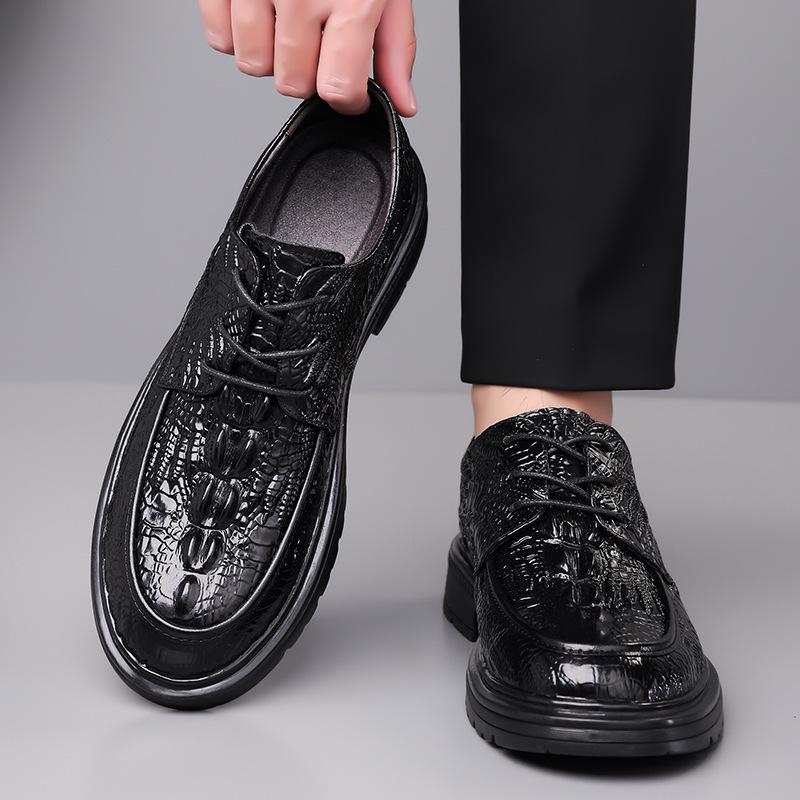 Men's Formal Casual Leather Shoes - Embossed Crocodile Pattern, Genuine Cowhide, Low-Top for Spring Workplace.