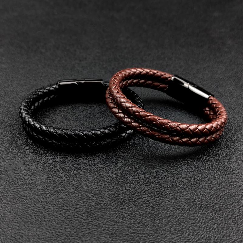 Mingao MF Double Leather Braided Stainless Steel Men's & Women Bracelets With Black/Brown Charm Magnet Clasp Custom Accessors