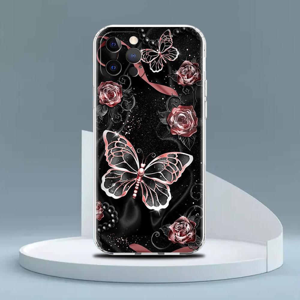 Transparente Hülle für Apple iPhone 14 13 11 12 Pro 7 8 Plus XR X XS Max 6 6S 14Pro Silikon Handyhülle Beauty Pink Schmetterling
