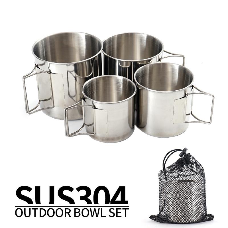 4-Piece 304 Stainless Steel Outdoor Camping & Travel Set: Foldable Cups & Bowls.