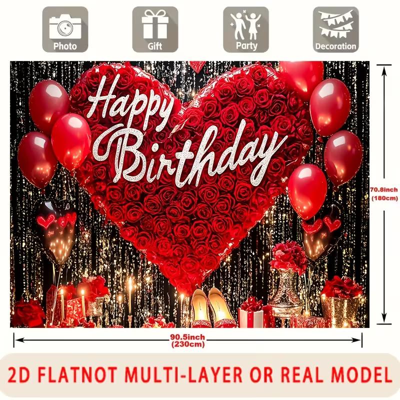 2D Red Black Gold Birthday Backdrop, Rose Heart & Candles Photo Booth Background